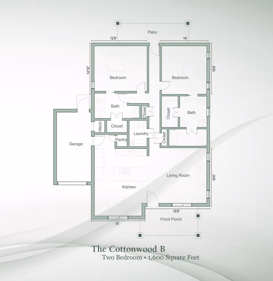 Architectural floor plan of The Cottonwood B, a two-bedroom, 1,600 square feet residence featuring a garage, two bedrooms, two bathrooms, kitchen, living room, laundry, pantry, closets, mechanical room, front porch, and patio.