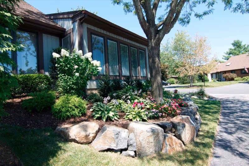 Well-landscaped exterior of a single-story building with large windows, a tree, and a rock-bordered flower bed.