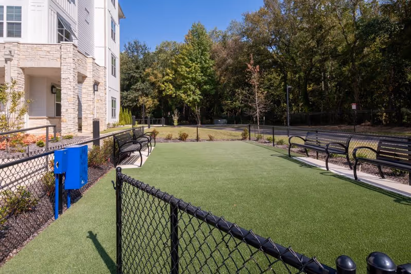 Outdoor fenced area with artificial grass, surrounded by benches and a building with stone and white siding on the left. Trees and greenery are visible in the background under a clear sky.