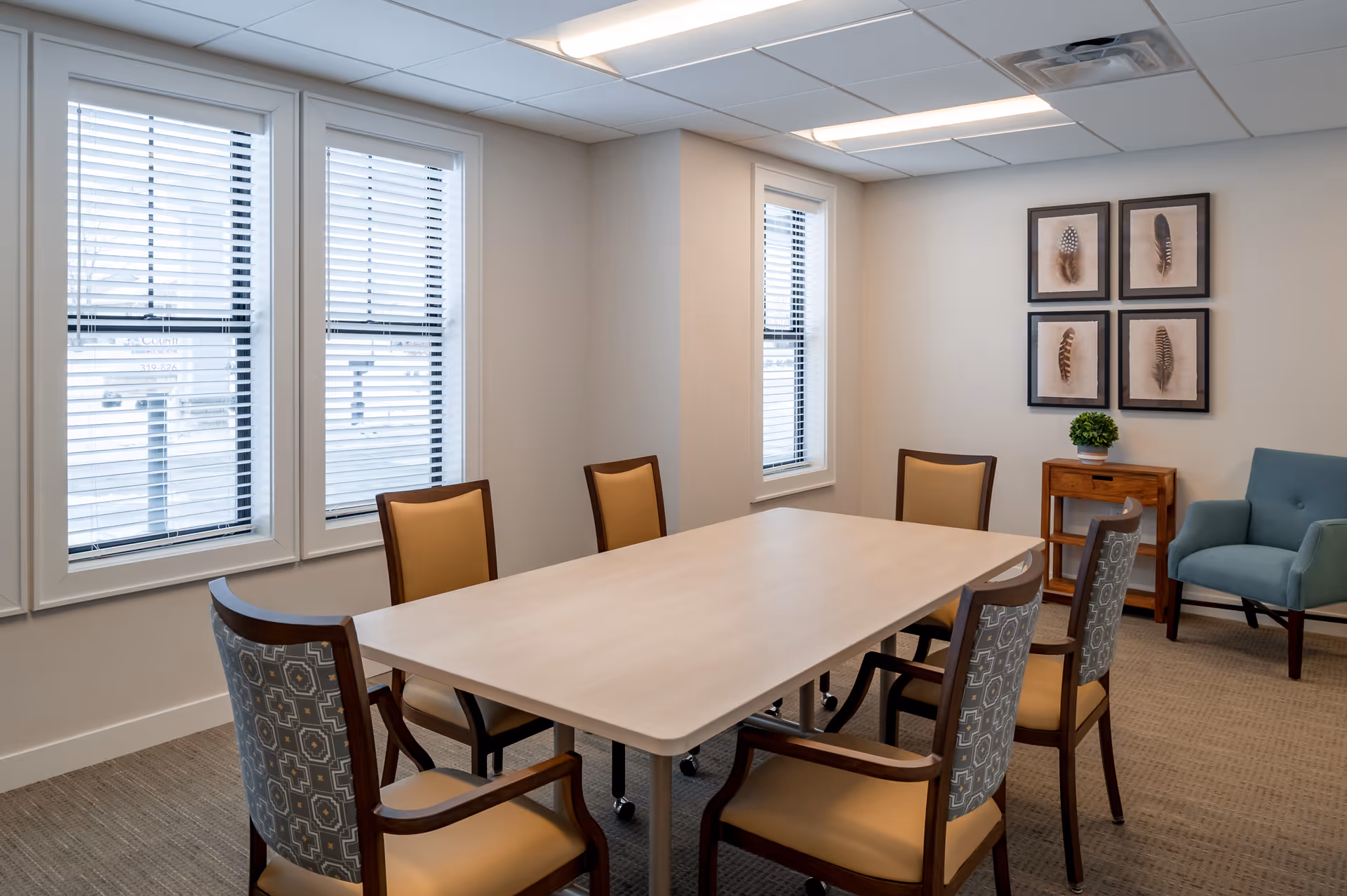 A well-lit room with a rectangular light wood table surrounded by six chairs, four with patterned backs and two with plain backs. The room has three windows with white blinds, a small wooden side table with a green plant, four framed feather artworks on the wall, and a blue upholstered armchair in the corner.