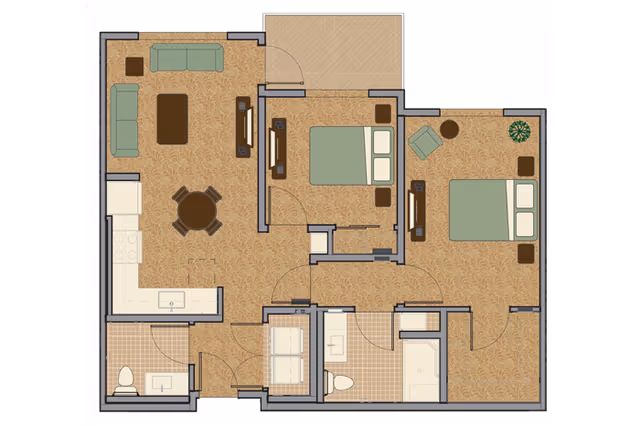 Floor plan of a senior living apartment featuring two bedrooms, a living room with sofas and a TV, a kitchen with appliances, a dining area with a round table and chairs, two bathrooms, and a small outdoor patio area.