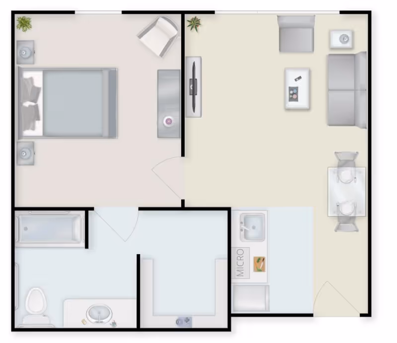 Top-down floor plan of a one-bedroom apartment showing a bedroom, bathroom, kitchen, and combined living/dining area.
