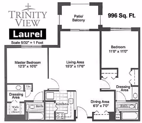 Floor plan of the Laurel unit at Trinity View Retirement Community showing a 996 square foot layout with a master bedroom, second bedroom, living area, dining area, kitchen, two bathrooms, dressing areas, walk-in closet, linen closets, and a patio/balcony.