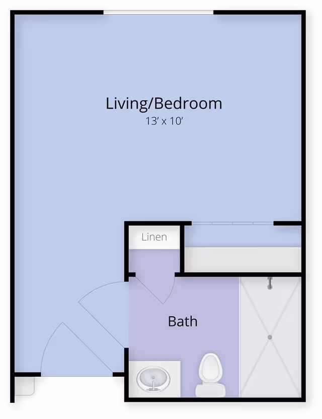 Floor plan showing a living/bedroom area measuring 13 feet by 10 feet, connected to a bathroom with a sink, toilet, and shower, and a linen closet.
