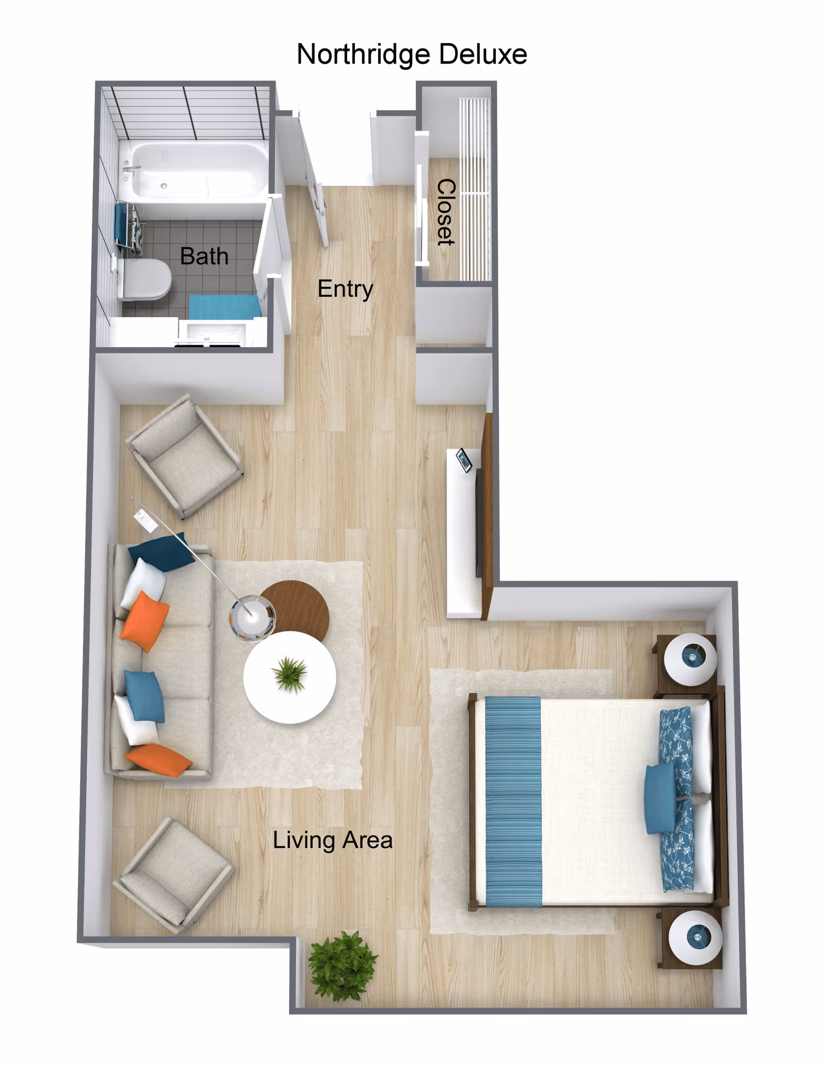 3D floor plan of Northridge Deluxe senior living unit showing an entry area leading to a bathroom with a bathtub, toilet, and sink. The living area includes a sofa with colorful pillows, two armchairs, a round coffee table, and a floor lamp. Adjacent is a bedroom area with a bed, two nightstands with lamps, and a closet near the entry.
