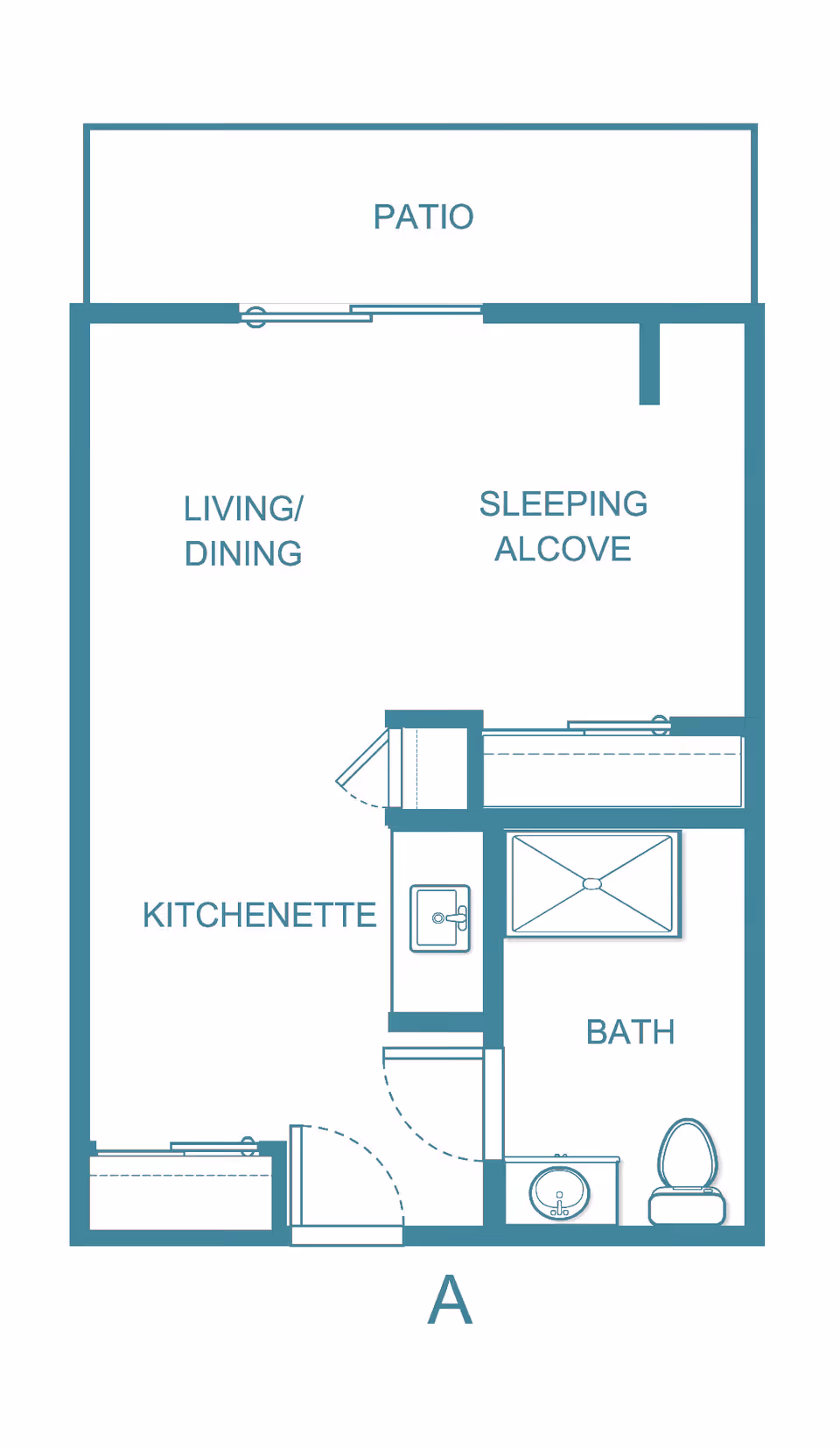 Floor plan layout of a studio apartment with labeled areas including a patio, living/dining area, sleeping alcove, kitchenette, and bath.