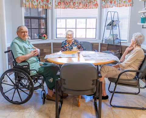 Three elderly individuals sitting around a round wooden table in a bright room with large windows. One man is in a wheelchair, and two women are seated in chairs. The table has placemats and a cup, and there is a small shelf with magazines in the background.