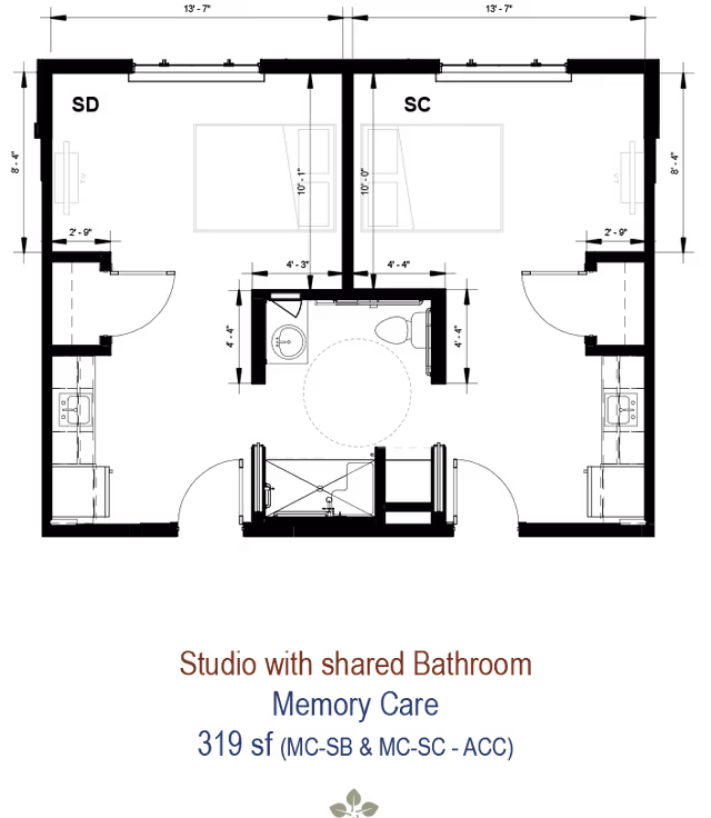 Architectural floor plan of a studio apartment with a shared bathroom designed for memory care. The layout includes two beds labeled SD and SC, a shared bathroom area, and a living space with furniture placement indicated. The total area is 319 square feet.