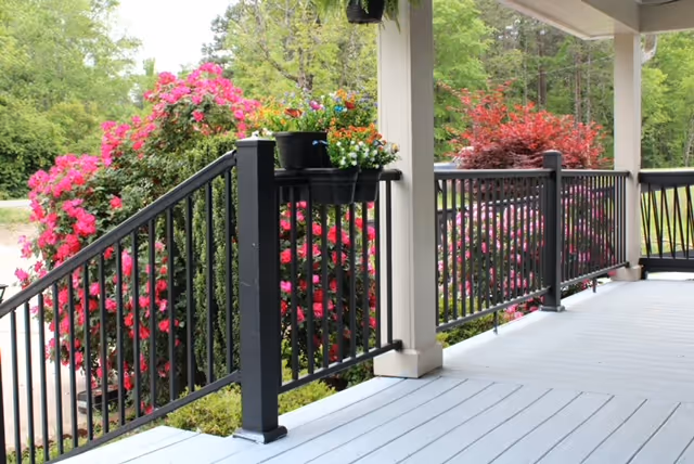 A covered outdoor porch with black railing, light gray flooring, and vibrant pink flowering shrubs lining the railing.