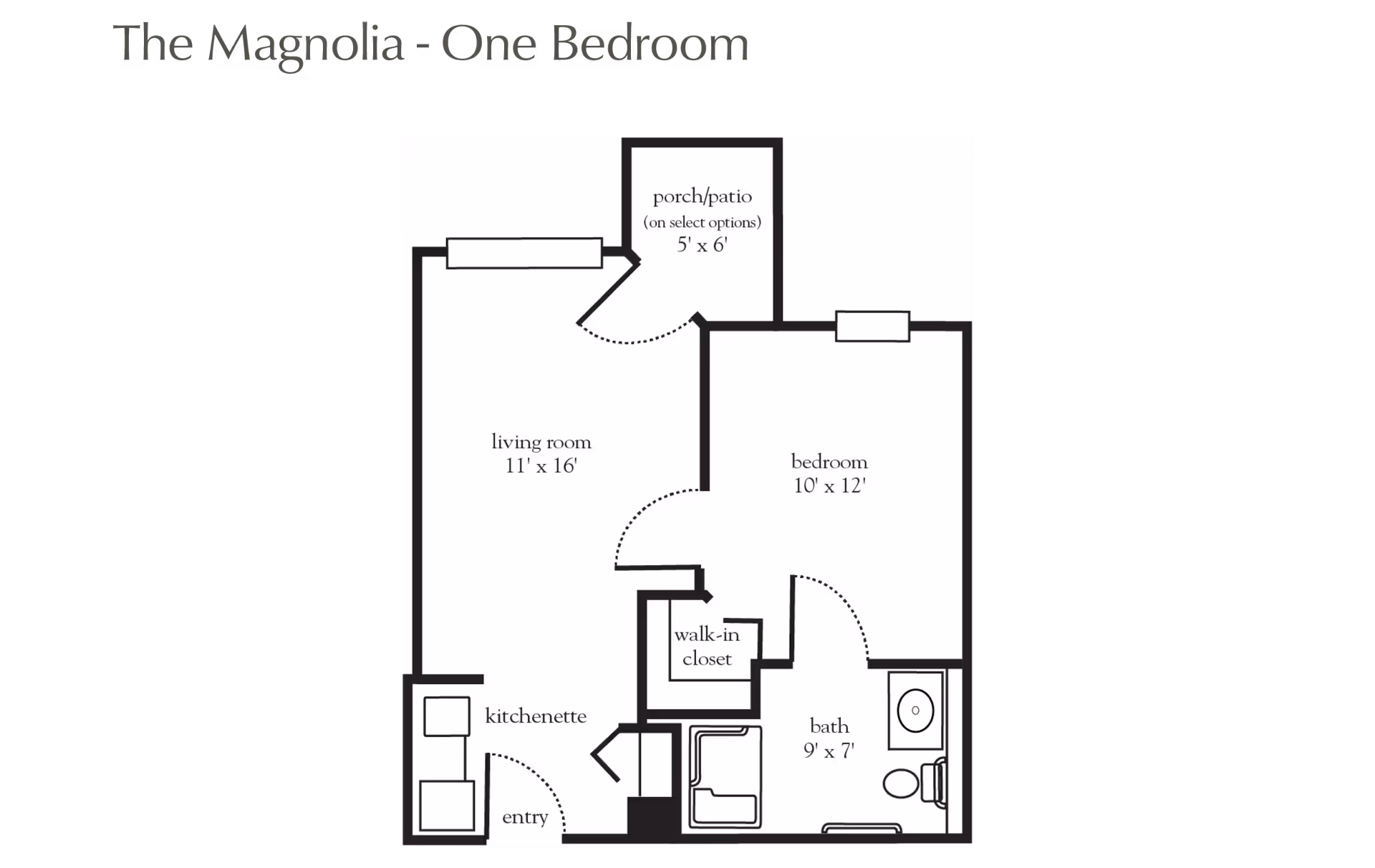 Floor plan of The Magnolia one-bedroom apartment showing a living room (11' x 16'), bedroom (10' x 12'), bath (9' x 7'), walk-in closet, kitchenette, entry, and a porch/patio (5' x 6') on select options.