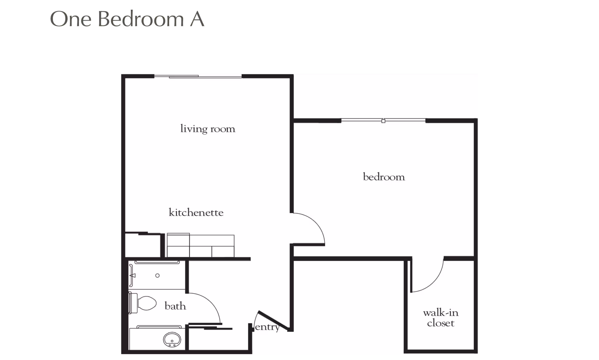 Floor plan labeled One Bedroom A showing a layout with a living room, kitchenette, bath, entry, bedroom, and walk-in closet.
