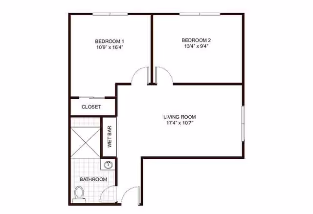Architectural floor plan showing a layout with two bedrooms, a living room, a bathroom, a closet, and a wet bar. Bedroom 1 measures 10 feet 9 inches by 16 feet 4 inches, Bedroom 2 measures 13 feet 4 inches by 9 feet 4 inches, and the living room measures 17 feet 4 inches by 10 feet 7 inches.