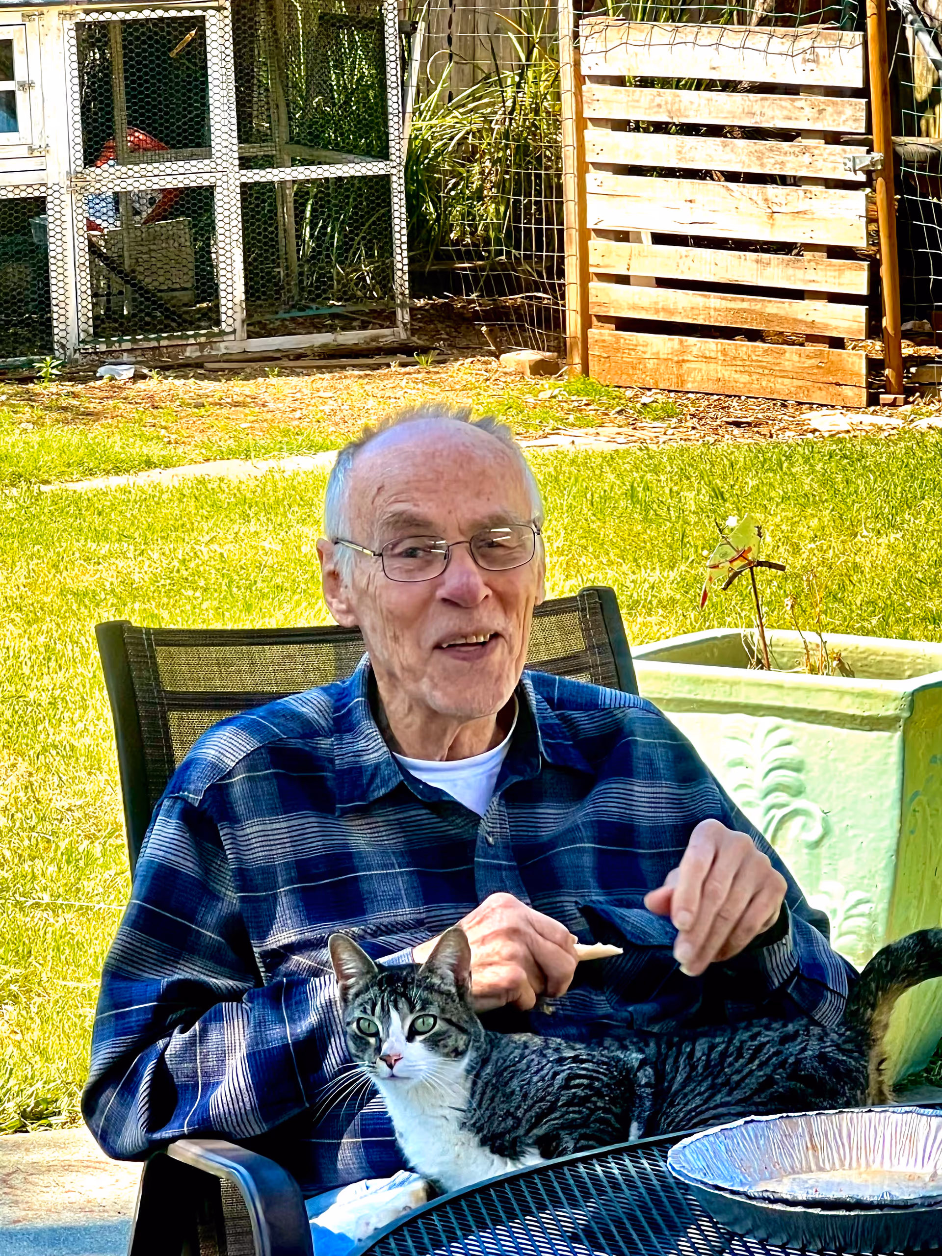 An elderly man wearing glasses and a blue plaid shirt is sitting outside on a chair at a round metal table. A gray and white cat is sitting on his lap. Behind them is a grassy yard with a wooden fence and a chicken coop.