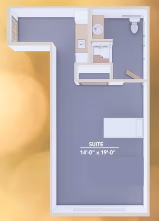 3D floor plan of a suite measuring 14 feet by 19 feet, showing a bedroom area with a bed, a bathroom with a toilet and sink, and a small kitchenette area with a sink and counter space.