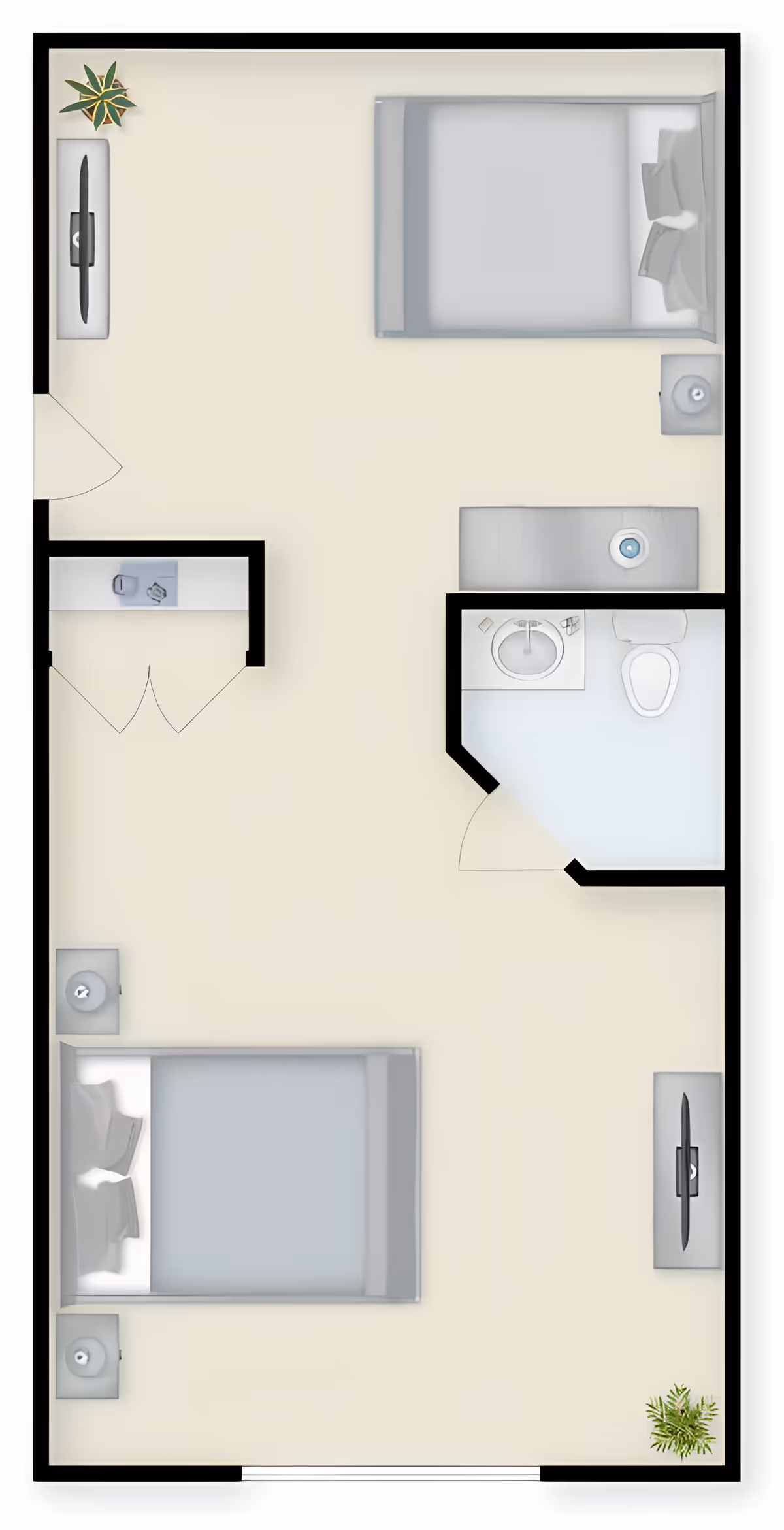 Top-down floor plan of a senior living unit featuring two beds, two nightstands with lamps, a bathroom with a toilet and sink, a closet, two televisions mounted on opposite walls, and two plants in the corners.
