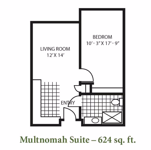Floor plan of the Multnomah Suite at Cherry Park Plaza showing a living room measuring 12 feet by 14 feet, a bedroom measuring 10 feet 3 inches by 17 feet 9 inches, an entry area, and a bathroom with a shower, toilet, and sink. The total area is 624 square feet.