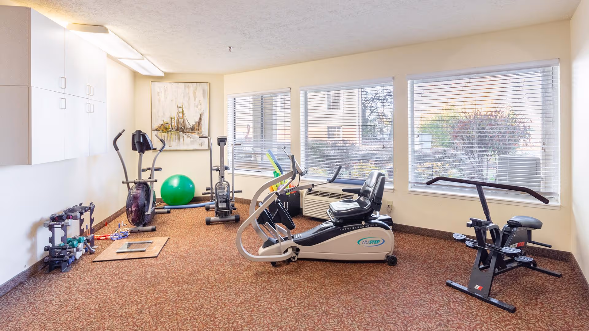 A small fitness room with exercise equipment including a recumbent bike, rowing machine, elliptical trainer, free weights, and an exercise ball. The room has carpeted flooring, large windows with blinds, white walls, and overhead fluorescent lighting. A framed picture hangs on the wall.
