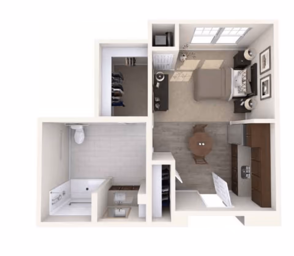 3D floor plan of a small apartment unit showing a bedroom with a bed and two nightstands, a kitchen area with cabinets and appliances, a dining table with two chairs, a bathroom with a shower, toilet, and sink, and two closets.