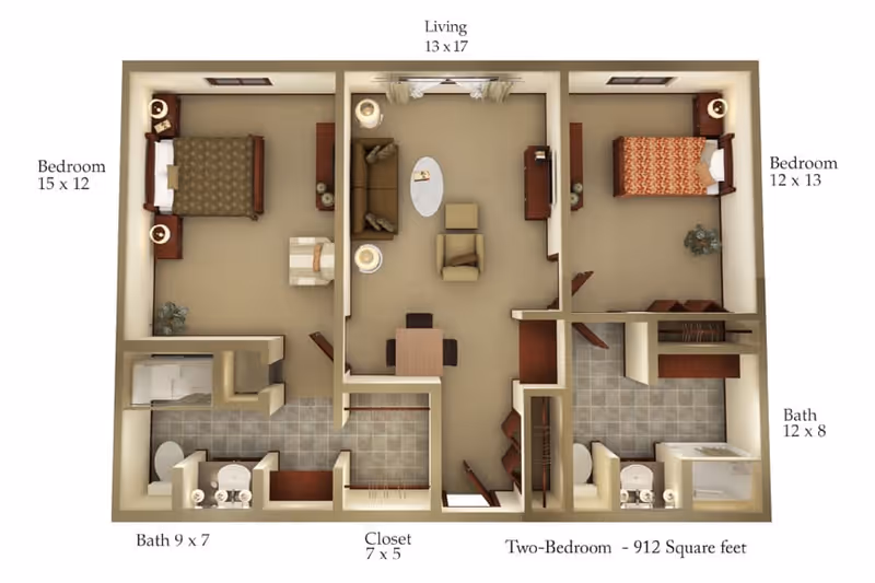 3D floor plan of a two-bedroom assisted living apartment at Aberdeen Heights Assisted Living, showing two bedrooms, two bathrooms, a living room, and a closet. The layout includes furniture such as beds, sofas, chairs, tables, and bathroom fixtures, with dimensions labeled for each room.