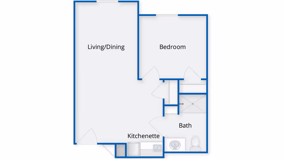 Floor plan layout of a senior living unit at Benchmark Senior Living at Chelmsford Crossings, showing labeled areas including Living/Dining, Bedroom, Kitchenette, and Bath.