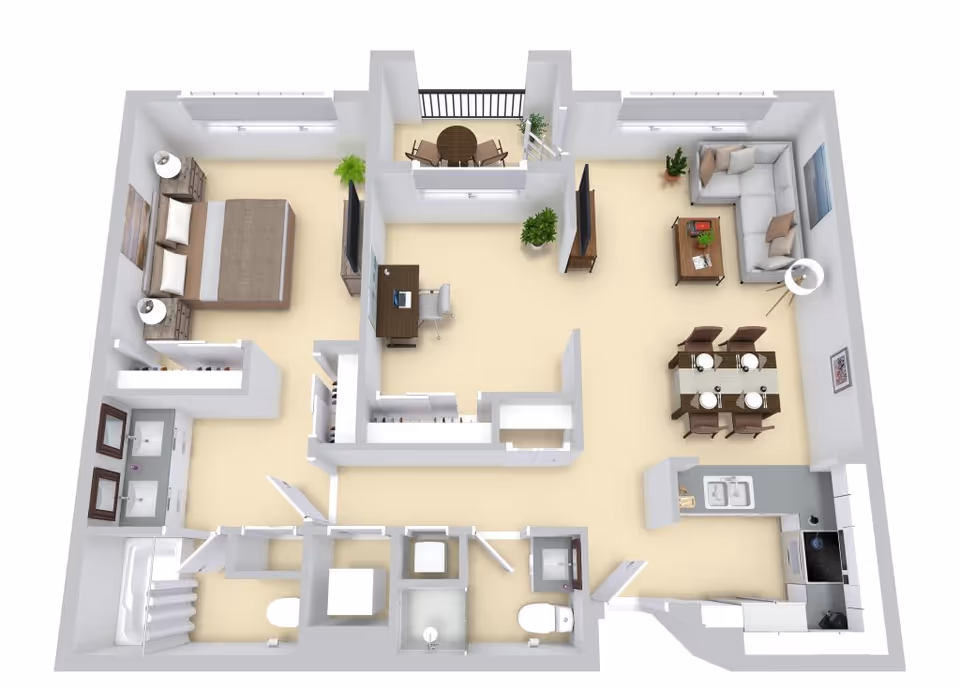 3D floor plan of a one-bedroom apartment featuring a bedroom with a bed and nightstands, a bathroom with a bathtub and toilet, a living room with a sectional sofa and TV, a dining area with a table set for four, a kitchen with appliances and a sink, a small office area with a desk and chair, and a balcony with a round table and two chairs.