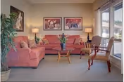 A cozy living room with two coral-colored sofas, a wooden coffee table with a flower vase, two framed paintings on the wall, two table lamps on side tables, a potted plant, and two wooden chairs near large windows letting in natural light.