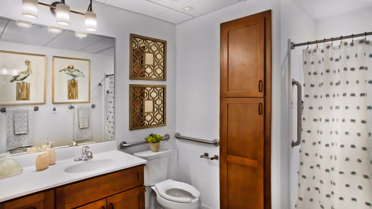 Well-lit accessible bathroom with a sink vanity and mirror, toilet with grab bars, shower with a patterned curtain, and a tall wooden storage cabinet.