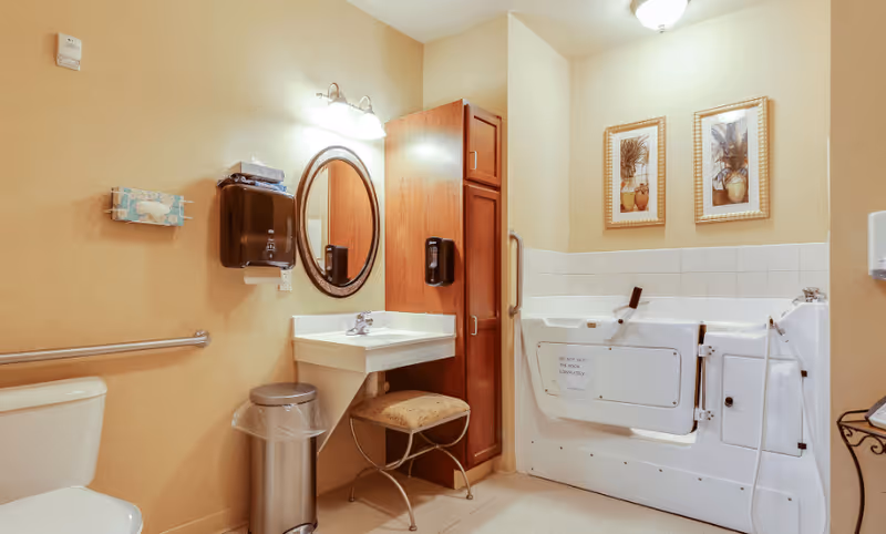 A clean and well-lit bathroom in an assisted living facility featuring a white toilet with a grab bar, a white sink with a mirror above it, a wooden cabinet, a small cushioned stool, a trash can, a wall-mounted soap dispenser, and a walk-in bathtub with safety handles. Two framed pictures hang on the wall above the bathtub.