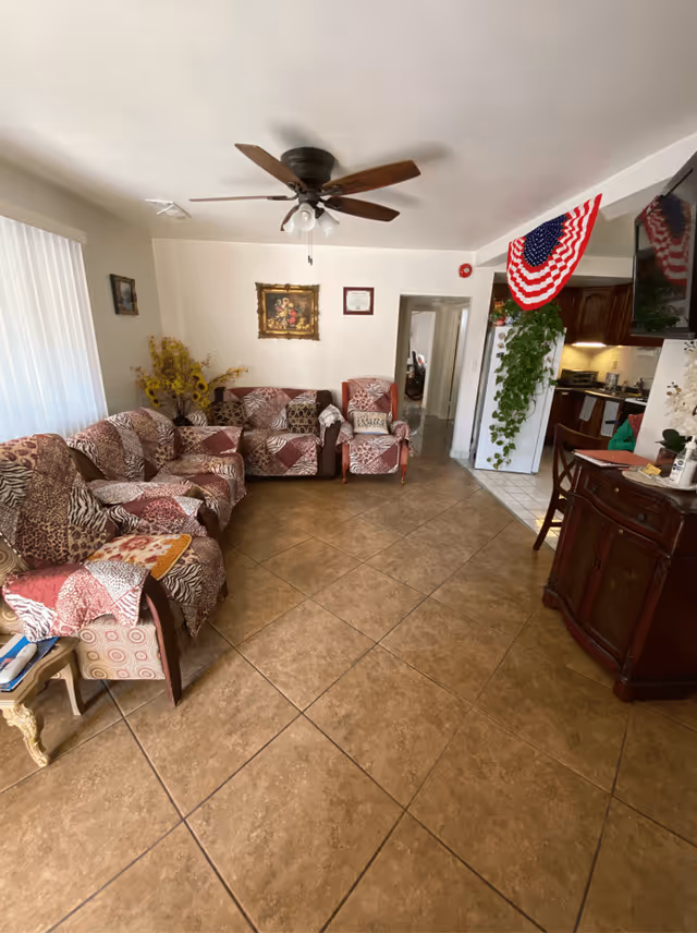 A living room with tiled floor, three armchairs and a loveseat covered with patterned throws, a ceiling fan with lights, a framed painting and certificate on the wall, a small side table with magazines, and a wooden cabinet with a TV mounted above it. The room opens into a kitchen area with a refrigerator decorated with a patriotic banner and a hanging plant.