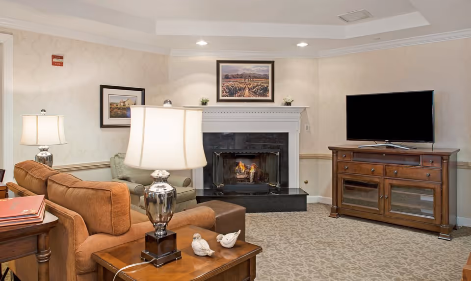 Cozy living room with upholstered sofas, a lit fireplace, lamps, artwork, and a TV on a wooden cabinet.
