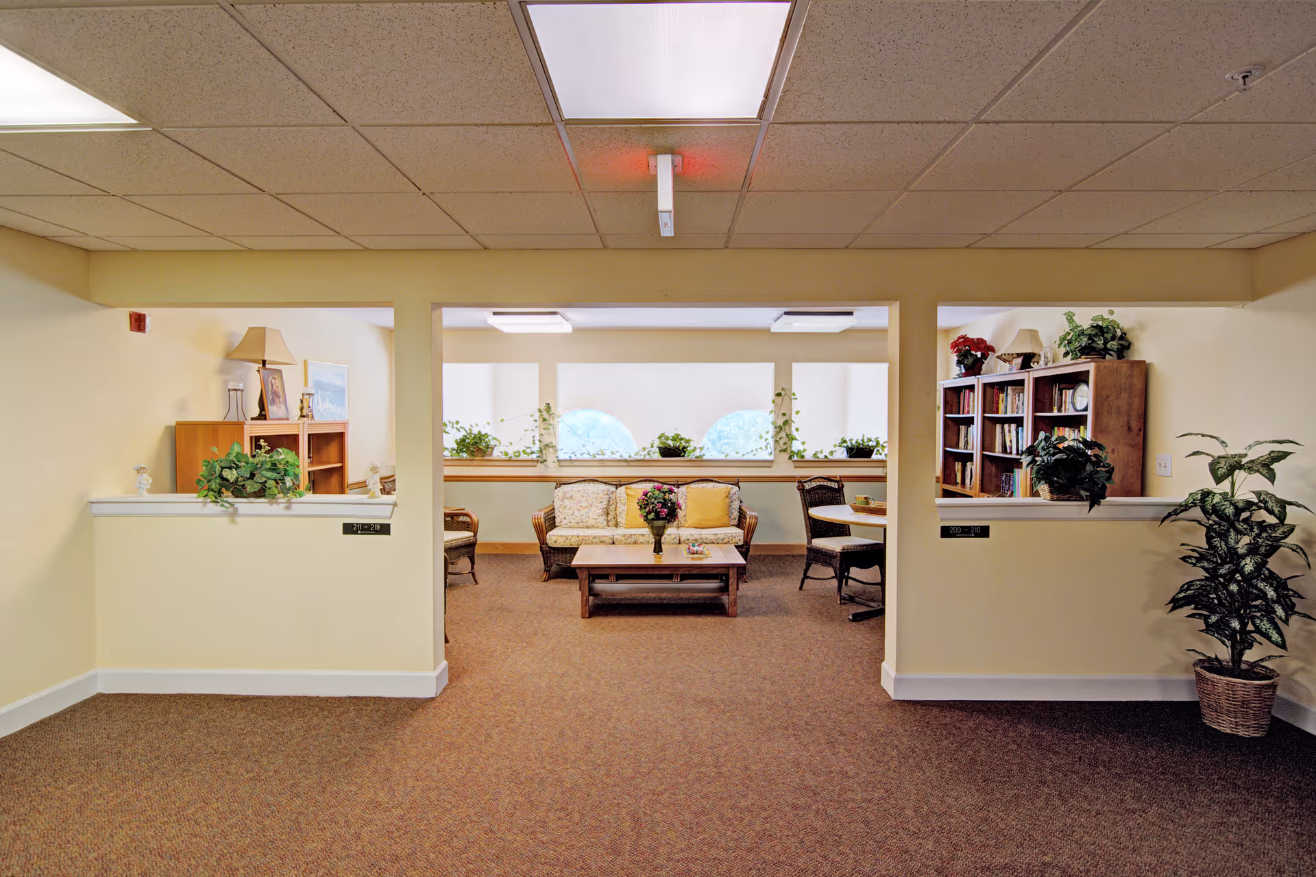 Interior view of a senior living facility common area with a seating arrangement including a cushioned sofa, chairs, and a coffee table with a flower vase. The room has beige walls, carpeted floor, ceiling lights, and several potted plants and bookshelves with decorative items.