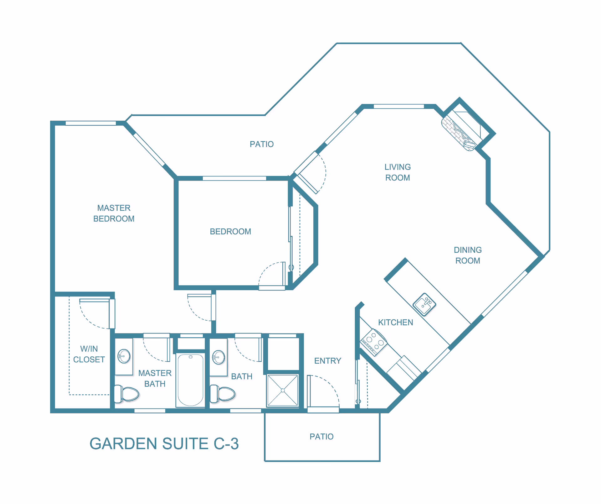 Architectural floor plan of Garden Suite C-3 at Independence Village of Saginaw, showing layout with master bedroom, bedroom, master bath, bath, walk-in closet, kitchen, dining room, living room, entry, and two patios.