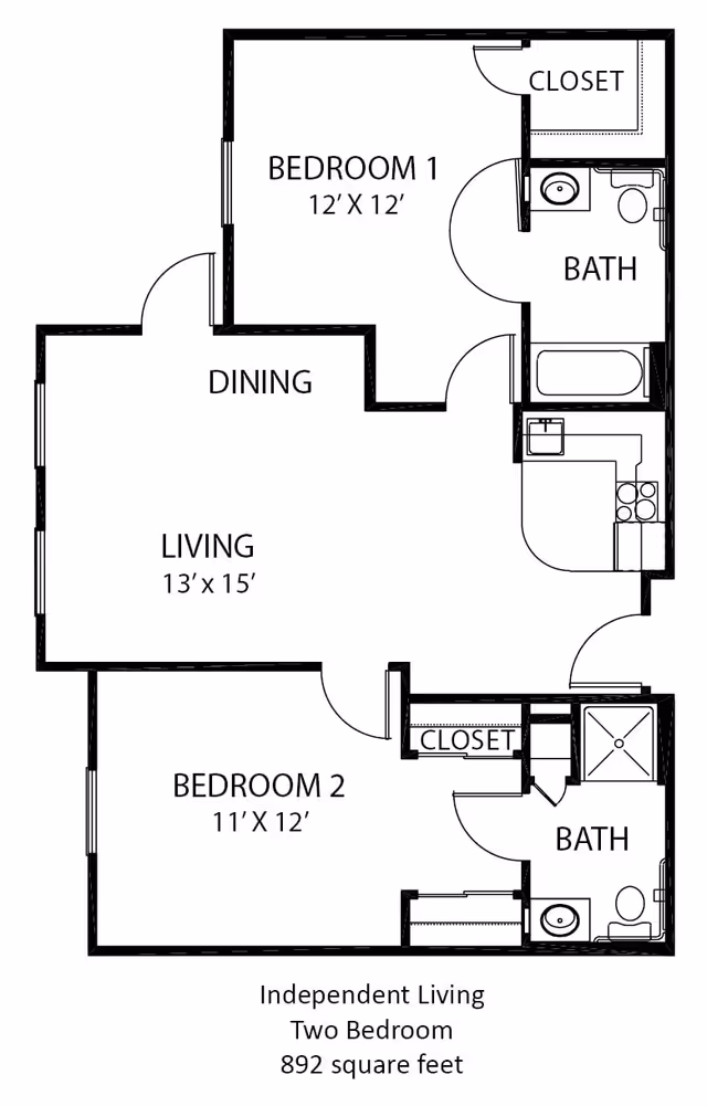 Floor plan of an independent living two-bedroom apartment with 892 square feet. The layout includes Bedroom 1 (12' x 12') with a closet and adjacent bathroom, Bedroom 2 (11' x 12') with a closet and adjacent bathroom, a living area (13' x 15'), a dining area, and a kitchen.
