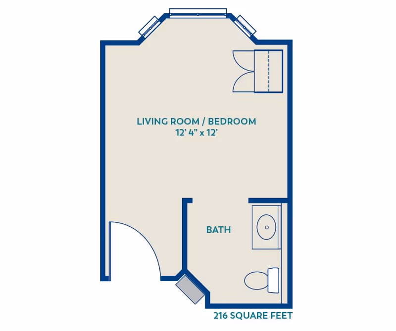 Floor plan of a living room/bedroom area measuring 12 feet 4 inches by 12 feet, with an attached bathroom including a sink and toilet, totaling 216 square feet.