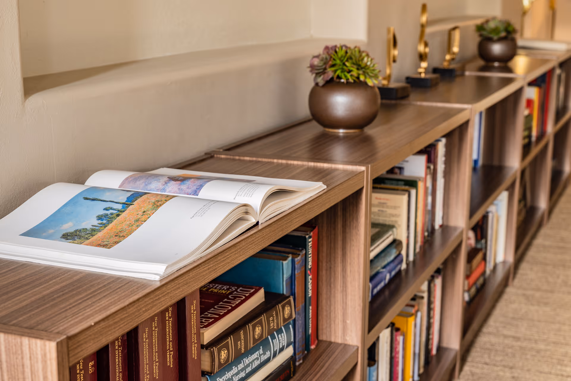 A wooden bookshelf filled with various books and an open book displaying a colorful landscape painting. On top of the bookshelf are small decorative plants in round pots and several gold-colored candle holders. The setting appears to be a cozy indoor space with a beige wall and carpeted floor.