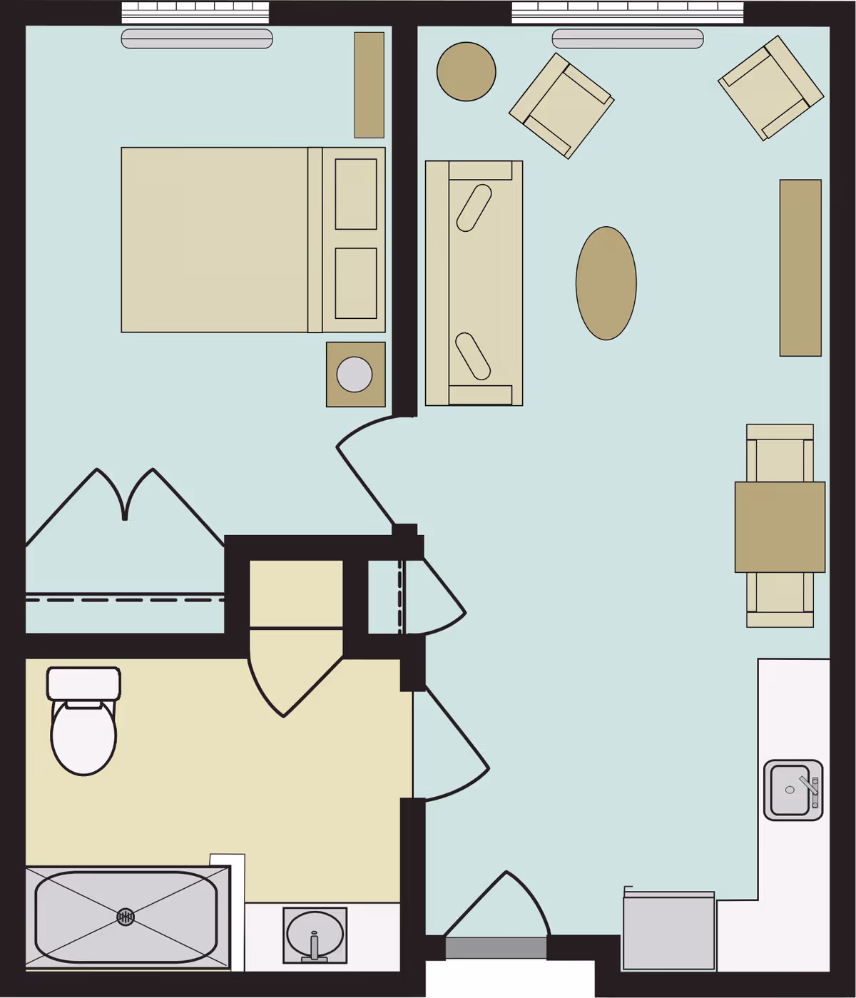 Floor plan of a one-bedroom apartment featuring a bedroom with a bed, nightstand, and dresser; a living room with a sofa, two armchairs, coffee table, side table, TV stand, and dining table with two chairs; a kitchen area with a sink and refrigerator; and a bathroom with a toilet, bathtub, and sink.