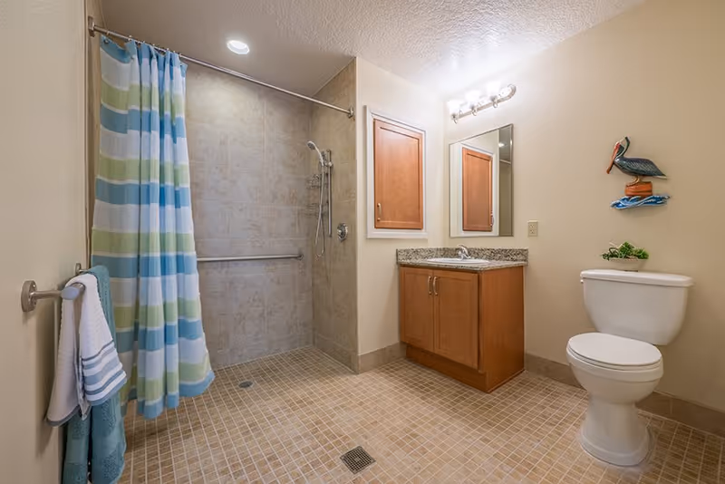 A clean and spacious bathroom featuring a walk-in tiled shower with a striped blue, green, and white shower curtain, a wooden vanity with a granite countertop and a mirror above it, a toilet, and a decorative pelican wall hanging. Towels are hanging on a rack on the left wall.