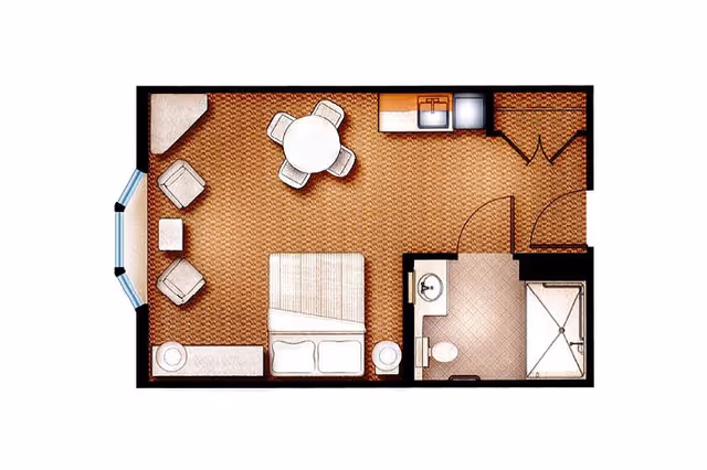 Floor plan of a small assisted living unit featuring a sleeping area with a bed and two nightstands, a sitting area with two chairs and a small table, a round dining table with four chairs, a kitchenette with a sink and counter space, and a bathroom with a sink, toilet, and shower.