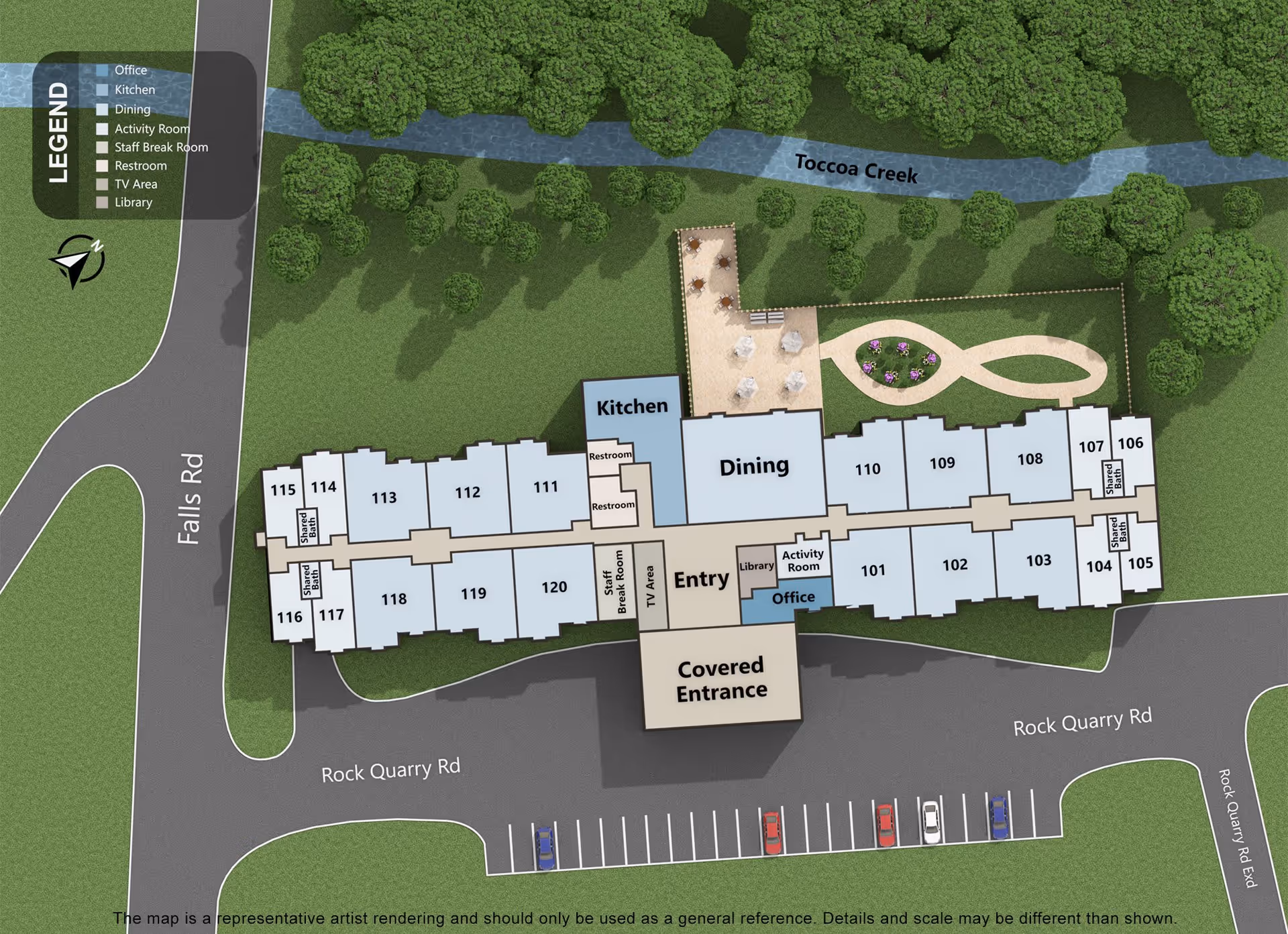 Illustrated floor plan map of Overlook Toccoa showing numbered rooms 101–120, dining, kitchen, entry, covered entrance, parking and surrounding grounds with Toccoa Creek.