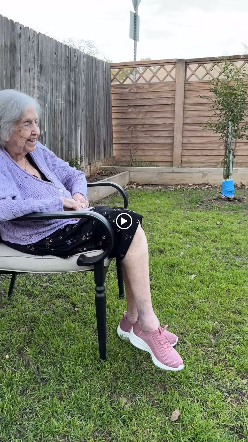 An elderly woman with gray hair wearing a purple cardigan and black skirt is sitting on a chair on a grassy lawn next to a wooden fence and a small tree wrapped with blue material at the base.