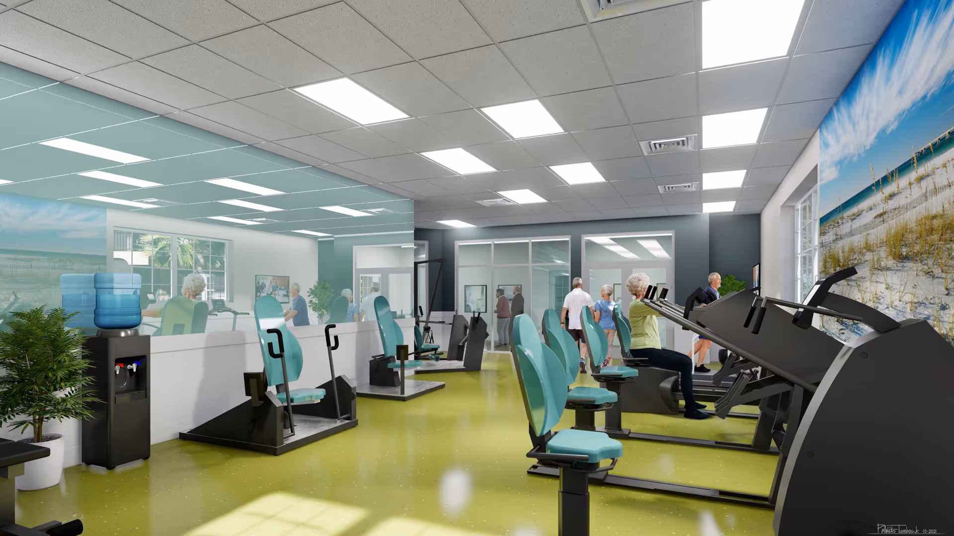 A bright fitness room in a senior living facility with exercise machines and several seniors using the equipment. The room has large windows, a water cooler, potted plants, and a large beach-themed mural on one wall.