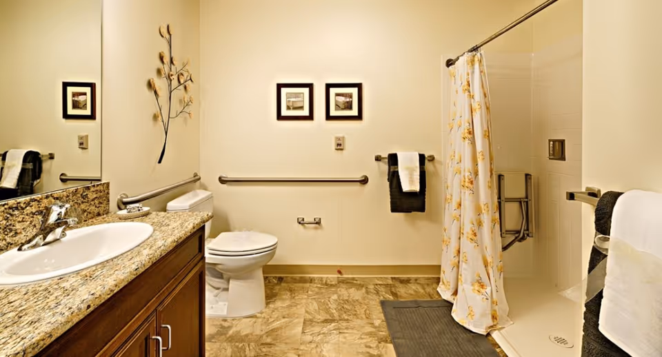 Accessible bathroom with a sink and granite countertop, toilet, grab bars, and a shower with a floral curtain.