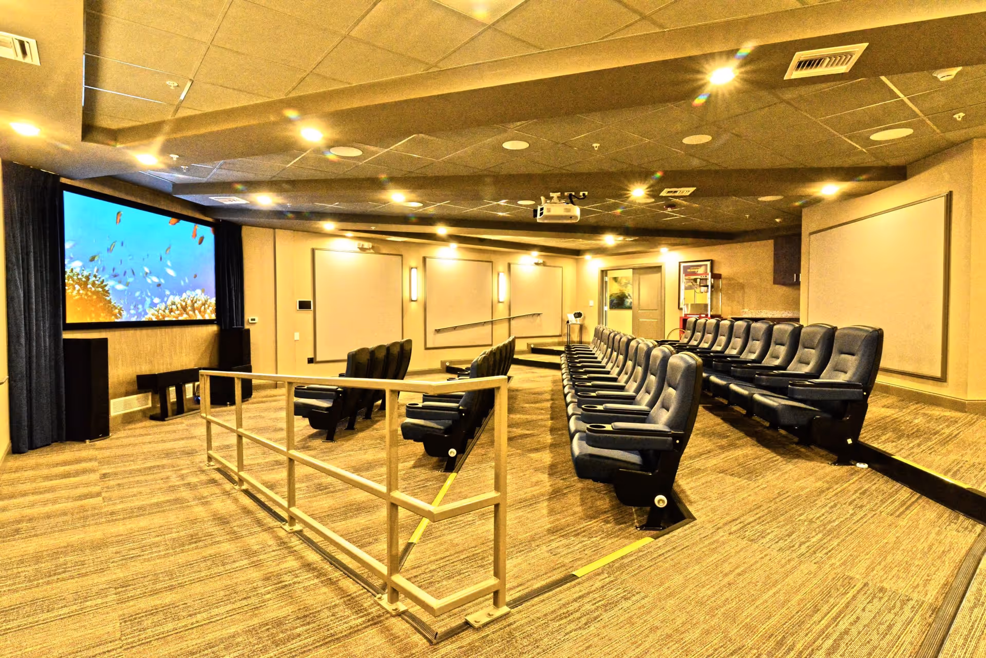 Interior view of a small theater room with rows of black cushioned seats facing a large screen displaying an underwater scene with fish and coral. The room has beige walls, carpeted floor, ceiling lights, and a metal railing separating the seating area.