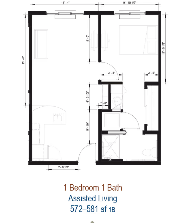 Architectural floor plan of a one-bedroom, one-bath assisted living apartment showing a living area with a couch and kitchen sink, a bedroom with a bed, and a bathroom with a shower and toilet.