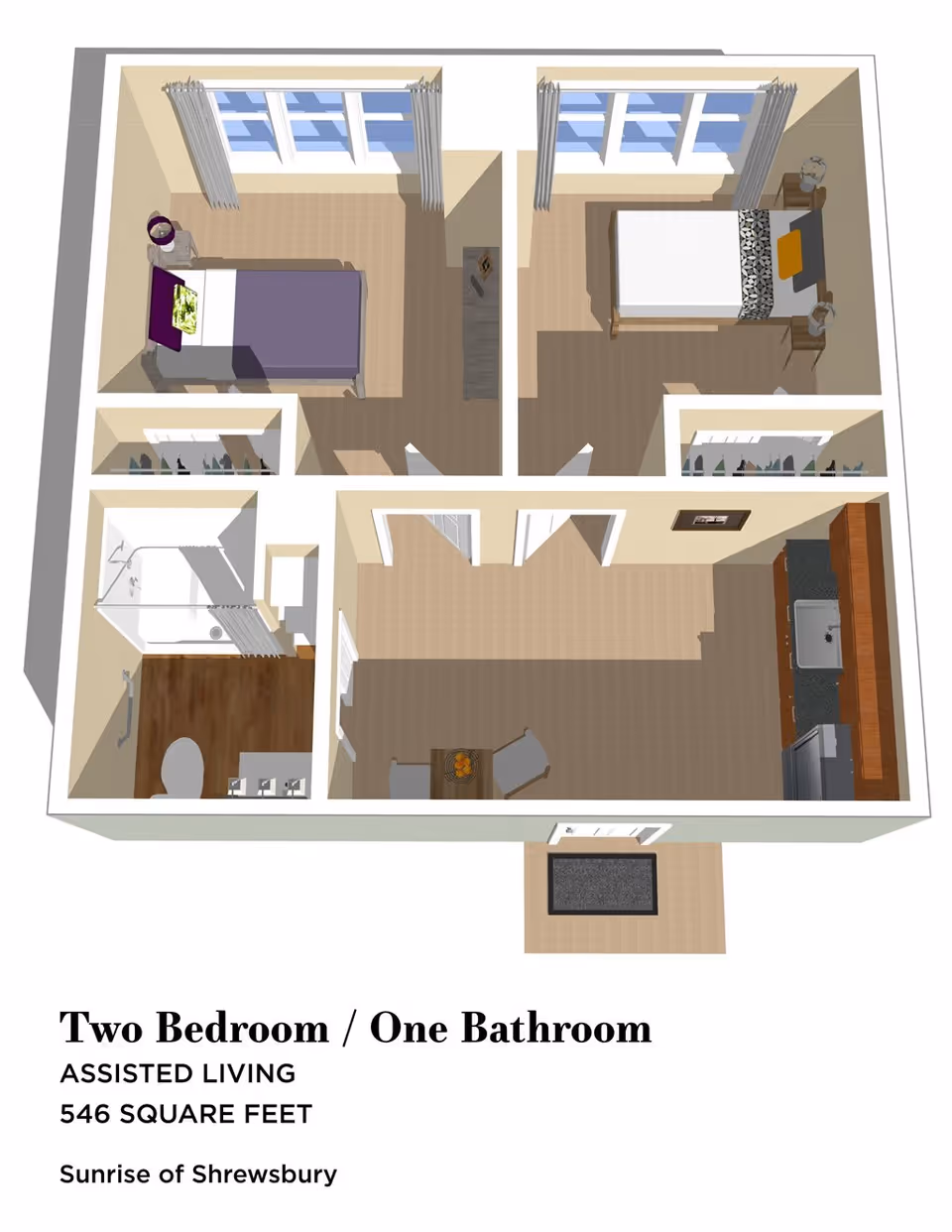 3D floor plan of an assisted living unit at Sunrise of Shrewsbury showing two bedrooms, one bathroom, a kitchen area, and a small dining space. The layout includes two separate bedrooms each with a bed and nightstand, a bathroom with a shower, toilet, and sink, and a kitchen with cabinets, sink, and refrigerator. The unit measures 546 square feet.