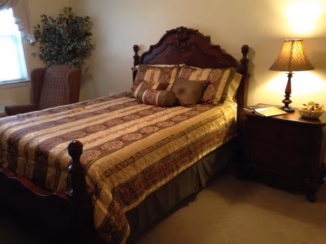 A bedroom with a large wooden bed featuring an ornate headboard, covered with a striped and patterned bedspread in shades of beige, brown, and burgundy. There are multiple decorative pillows on the bed. To the right of the bed is a wooden nightstand with a lamp emitting warm light and a decorative bowl. In the background, there is a window with curtains and a cushioned armchair next to a tall green plant.