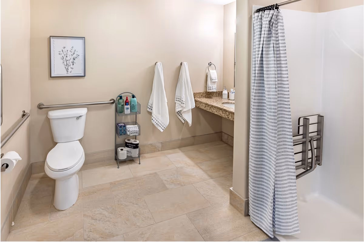 Accessible bathroom with a toilet and grab bars, a granite sink counter, a shower with a curtain, towels, and a small shelving unit with toiletries.