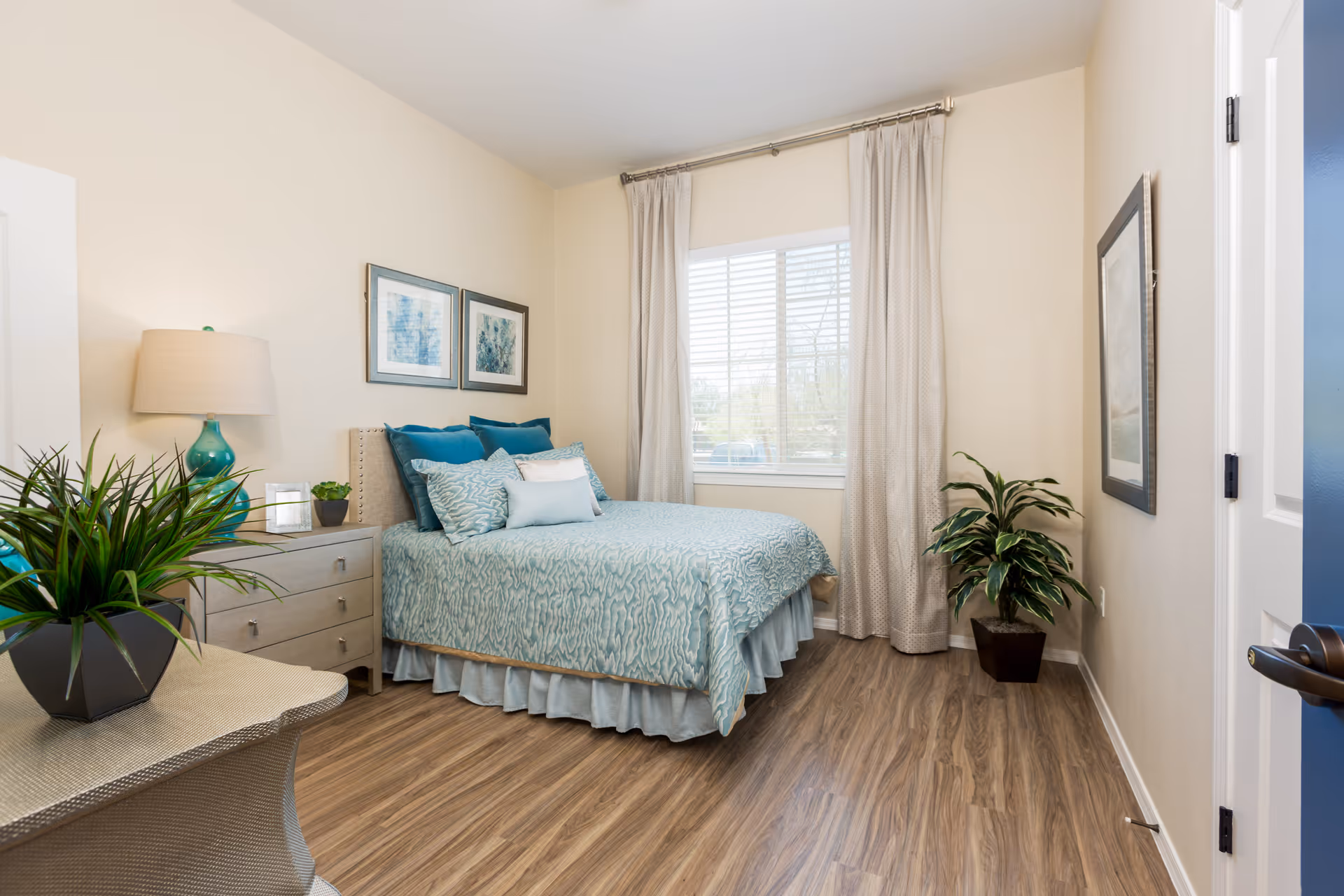A bright and cozy bedroom with a bed dressed in light blue patterned bedding and multiple pillows. There is a nightstand with a lamp and small plants next to the bed. Two framed artworks hang on the wall above the bed. A window with white blinds and beige curtains lets in natural light. A potted plant is placed in the corner near the door, and the floor is covered with wood-style flooring.