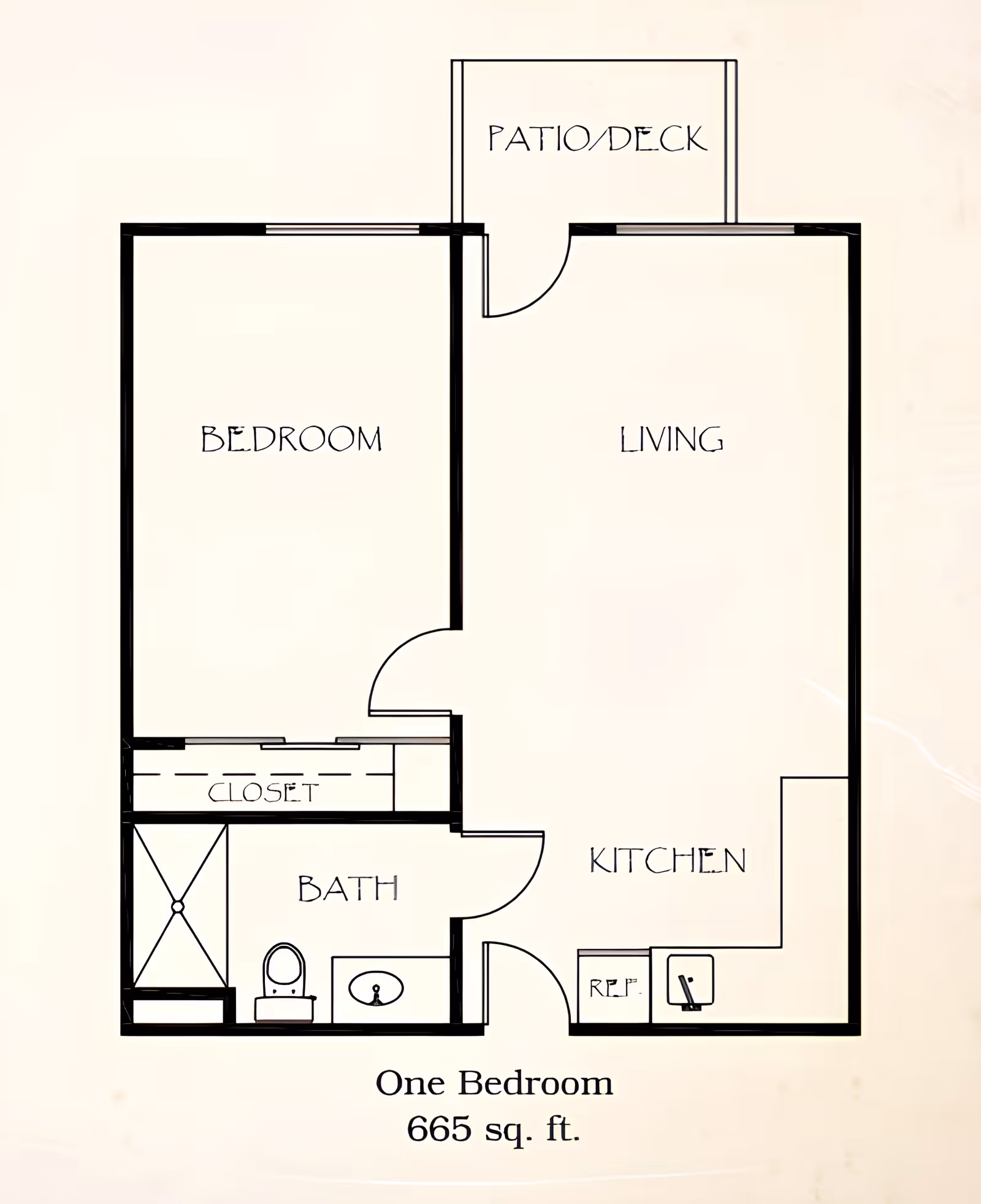 Floor plan of a one-bedroom apartment with 665 square feet, showing a bedroom, closet, bathroom, kitchen with refrigerator and sink, living area, and a patio/deck.
