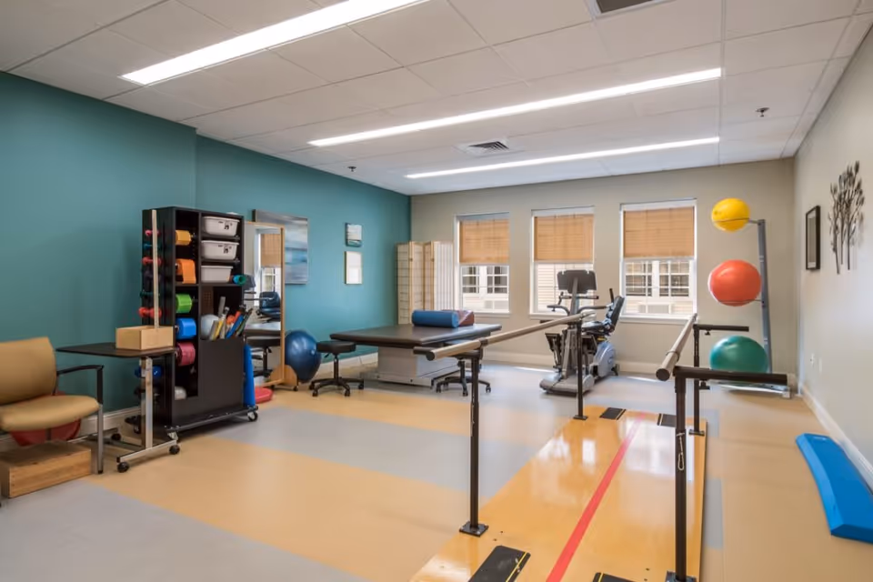 Well-lit therapy/exercise room with parallel bars, a treatment table, exercise bikes, and colorful stability balls and equipment.